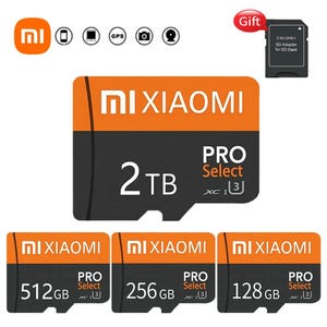 May include: Orange and black Xiaomi Pro Select SD cards with storage capacities of 2TB, 512GB, 256GB, and 128GB. The image includes an SD card adapter and the Xiaomi logo.