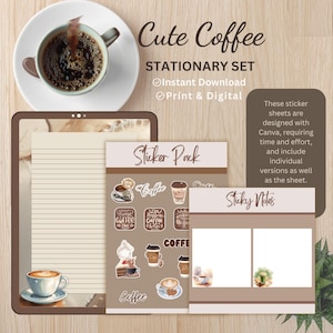 Pode incluir: Um conjunto de papelaria "Cute Coffee" com uma xícara de café, um tablet com papel pautado, um pacote de adesivos e notas adesivas. O pacote de adesivos apresenta ilustrações com tema de café. O texto inclui "Download instantâneo" e "Imprimir e digital."