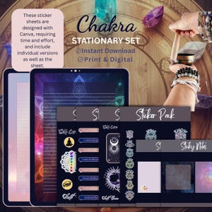 May include: A Chakra Stationary Set with a tablet, sticker pack, and sticky notes. The set includes designs with the text "Self Care", "Always think positive", and "Embrace the". The set is available for instant download and print.