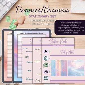 Könnte beinhalten: Ein digitales Schreibwarenset für Finanzen und Unternehmen, mit einem Tablet, Stickerbögen und Haftnotizen. Das Set bietet sofortigen Download und Druckoptionen. Der Text auf dem Bild lautet "Finances/Business" und "STATIONARY SET".