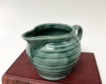 Vintage Pottery Creamer, 1940s 1950s, Dark Teal Green, Ribbed with Handle, Unmarked USA Made