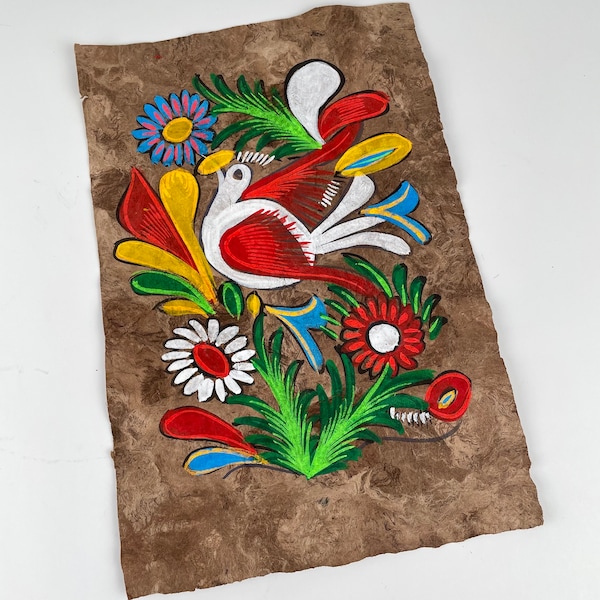 Vintage Amate Paper Tropical Painting, Mexico Folk Art, Bird and Flowers