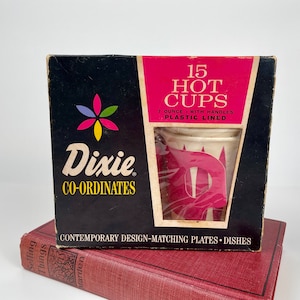Vintage Dixie Cups, Unopened Box set of 15 Hot Cups w/ Handles, Pink Diamond Pattern, NOS
