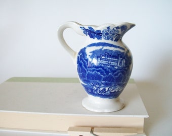Vintage Blue and White Transferware Cream Pitcher/Creamer, Castle Pattern, Small and Fancy