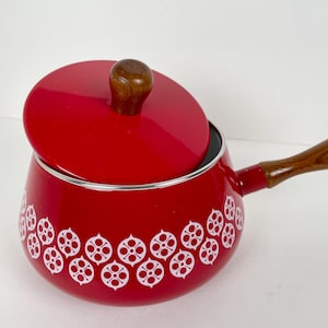Vintage Bright Red Enamel on Metal Fondue Pot, White Pattern, Wood Handle and Lid Knob