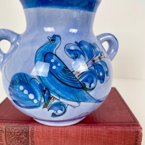 Vintage Tonala Mexico Periwinkle Blue Pottery Jug Vase, Folk Art Bird and Botanical Design