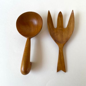 Vintage MCM Serving Fork and Spoon, Oversized, Taverneau Wood, Made in Haiti