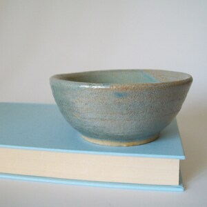 May include: A small, light blue ceramic bowl with a speckled glaze. The bowl is sitting on a light blue book.