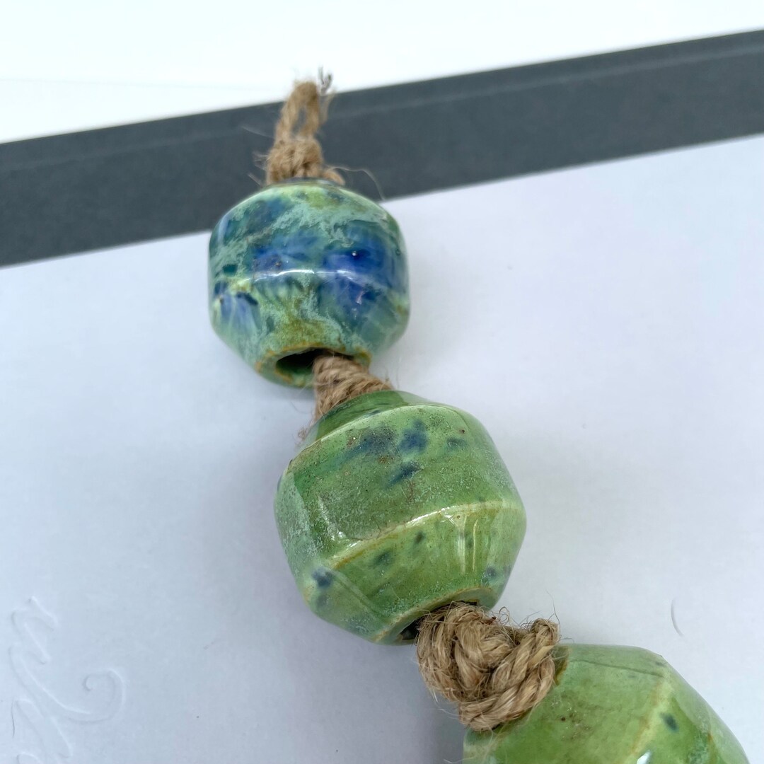 Vintage 1970s Large Ceramic Macrame Beads, Green With Blue and Brown