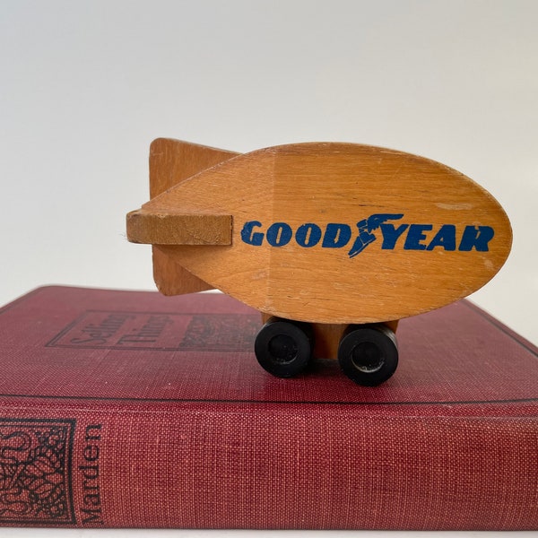 Vintage Goodyear Blimp Wood Toy on Wheels, 1972 Mattel, Made in Korea