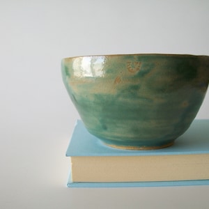 School Art Pottery Bowl, Blue Green Glaze, signed CK, Vintage Handmade