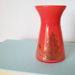 Vintage Sake Bottle/Bud Vase, Coral-Orange Inside with Gold Pagodas and Trees on the Outside, MCM 60s