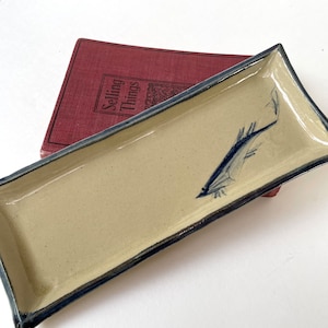 Vintage Pottery Sushi or Trinket Tray, Tan and Blue Glaze with Fish