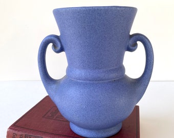 Vintage Dark Blue Pottery Vase, Grecian Urn Style with Side Handles, Speckled Matte Glaze