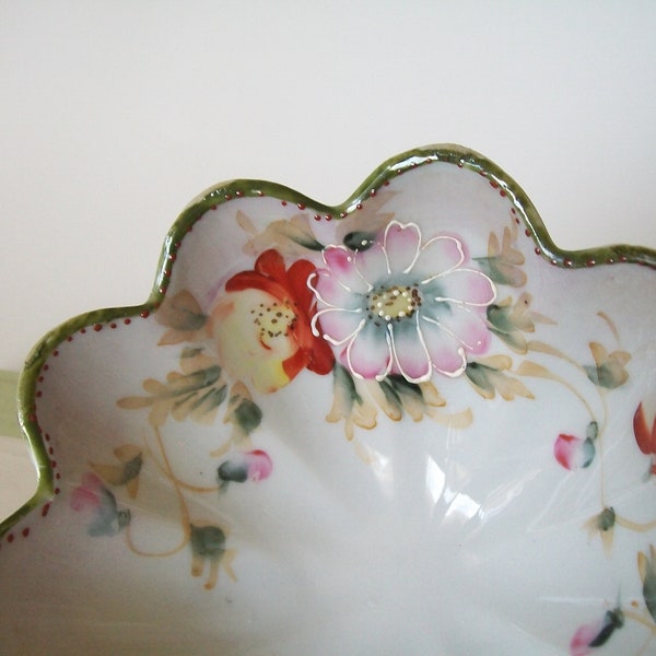 Vintage Nippon Hand Painted Bowl, Fluted with Flowers, Small Feet with Gold Accents