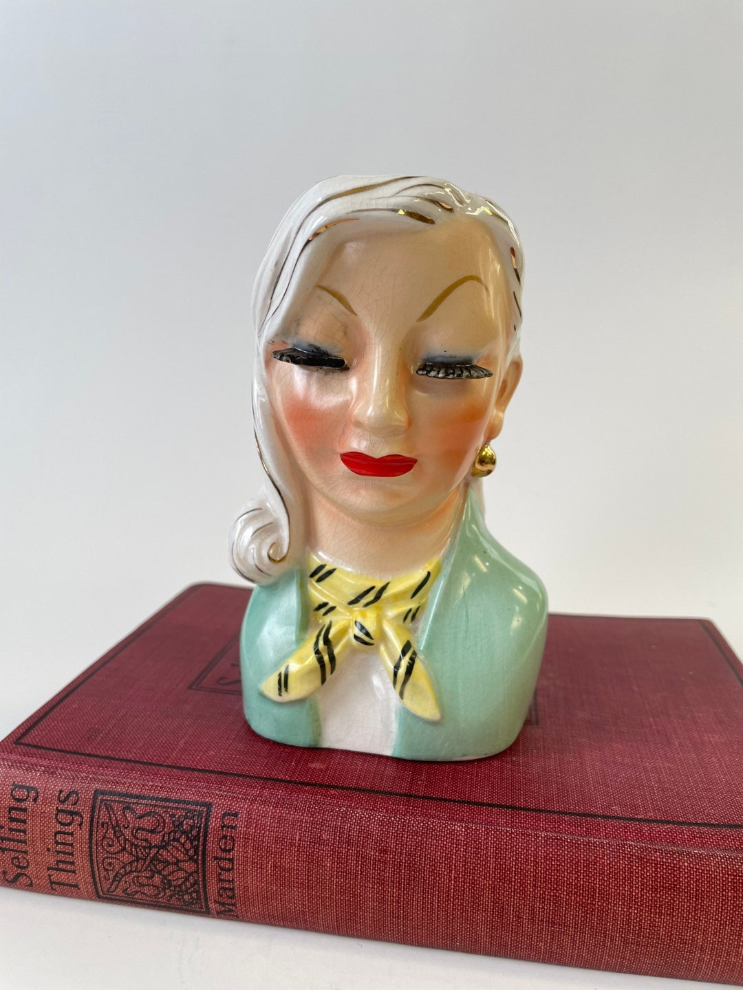 Vintage Lady Head Bust Vase Planter, 1940s 1950s, Mint Green Jacket