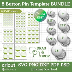 Può includere: Un pacchetto di modelli digitali per 8 spille, con dimensioni da 2,5 cm a 8,9 cm. Include fogli di modelli di spille e un'opzione "Canva EDIT". Compatibile con i formati Cricut, SVG, PNG, DXF, PDF e PSD. Download immediato.