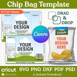 Editable Chip Bag Template - Custom Printable Party Favor Label - Canva Blank Chip Bag Design for Birthday & Events, Custom Snack Bag Label