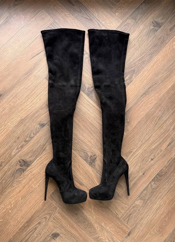 Prada Black Suede Platform Over The Knee Women’s Boots Size EU 38