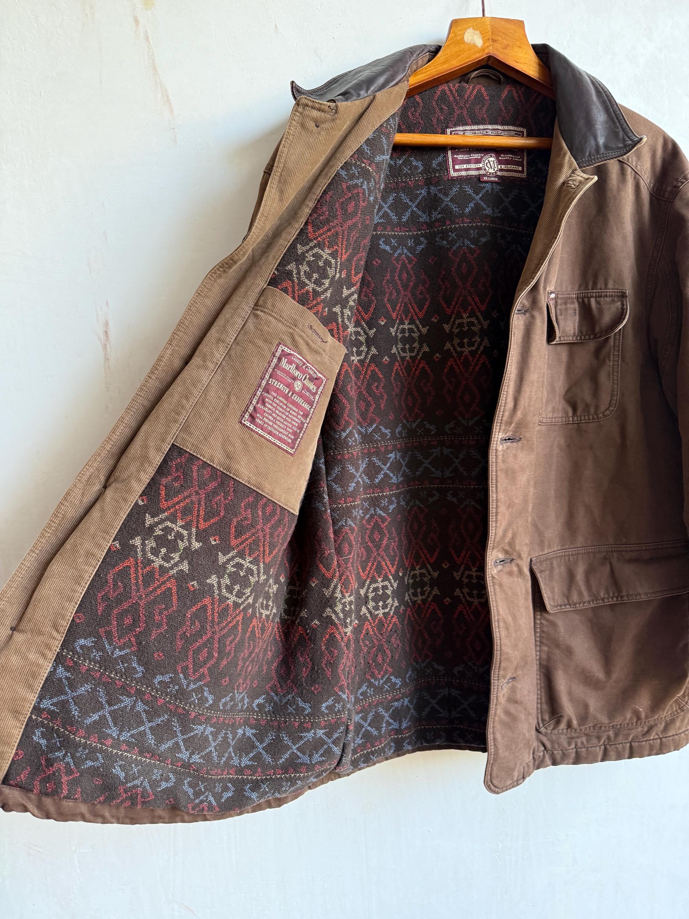 Vintage Marlboro Classics Brown Hunting Jacket Leather Collar Size
