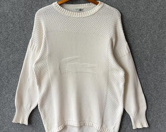Pull en laine Lacoste vintage avec grand logo blanc en tricot taille 46