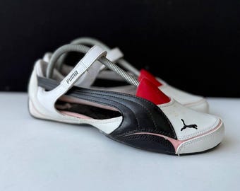 Sapatilhas de couro Puma vintage dos anos 2000, pretas, brancas e rosas, tamanho 41.