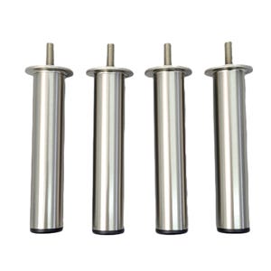 May include: Four stainless steel furniture legs with threaded studs for attachment. Each leg is cylindrical with a brushed metal finish and a black base. The legs are designed for furniture support and stability.