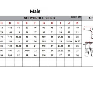May include: A white chart titled "SHOYOROLL SIZING" for male sizes, with measurements in centimeters. The chart includes sizes A0 through A6, with columns for various dimensions. Illustrations of a gi top and pants are on the right.