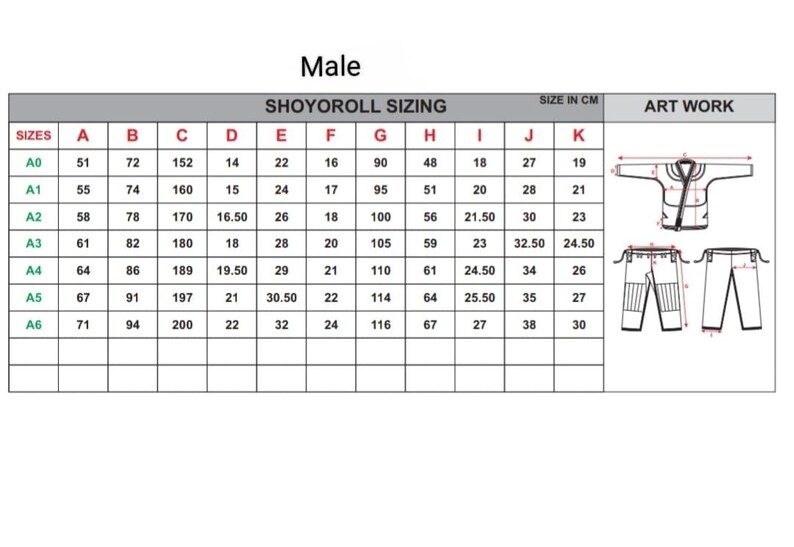 May include: A white chart titled "SHOYOROLL SIZING" for male sizes, with measurements in centimeters. The chart includes sizes A0 through A6, with columns for various dimensions. Illustrations of a gi top and pants are on the right.