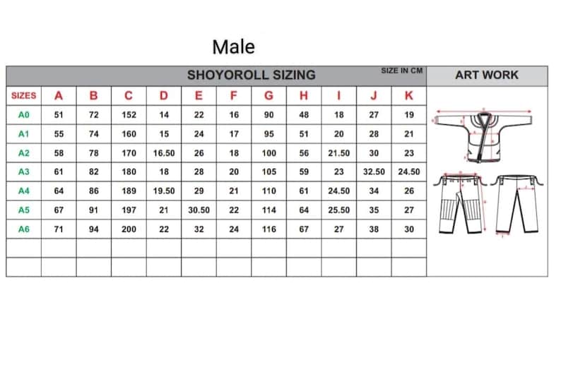 Op de afbeelding: Een witte tabel met de titel "SHOYOROLL SIZING" voor herenmaten, met afmetingen in centimeters. De tabel bevat maten A0 t/m A6, met kolommen voor diverse afmetingen. Illustraties van een gi-jas en -broek staan rechts.