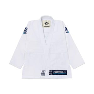 May include: White martial arts uniform with blue and black logos. The uniform has a V-neck collar and long sleeves. The brand name "SHOYOROLL" is visible on the uniform.