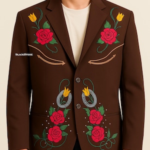 Men Brown 2 Piece Customized Horseshoe Ring Roses Embroidered With Rhinestone Vintage Country Western Nudie Suit Cowboy Groom Wedding Outfit