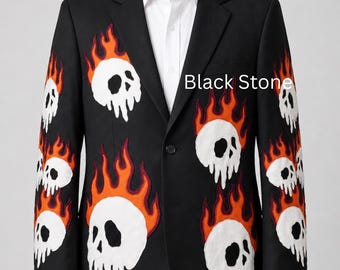 Men 2Pc Black Custom Made Flaming Skull Embroidered Country Western Cosmic Cowboy Nudie Suit Halloween Music Concert Prom Event Outfit