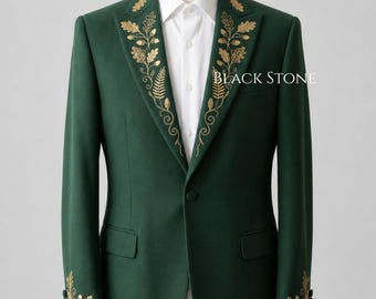 Completo da uomo 2 pezzi verde su misura con ricami floreali e a foglie, stile country western, da cowboy, ideale per sposo, ballo di fine anno, matrimonio, concerto, cocktail party ed eventi.