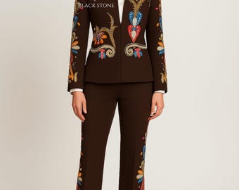 Women 2Pc Brown Customised Floral Embroidered Rhinestone Western Cowgirl Style Nudie Suit Music Concert Bride Boho Wedding Outfit