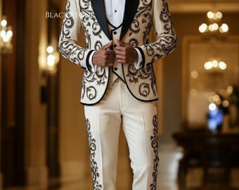 Men 3Pc Off White Customised Leaf Vines Embroider Western Nudie Suit Cowboy Vintage Retro Stage Concert Party Wedding Outfit