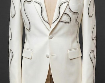 Men 2Pc White Bespoke Customised Western Cowboy Unique Embroidered Retro Vintage Style Tuxedo Nudie Suit Wedding Prom Groom Party Outfit