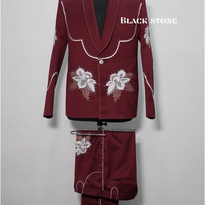 Men Red 2Pc Bespoke Floral Flower Embroidered Rhinestone & Piping Vintage Country Western Suit Cowboy Wedding Cocktail Party Rockstar Outfit