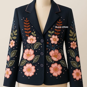 Women 2 Piece Navy Blue Bespoke Embroidered Floral Cactus Suit with Rhinestone Boho Festival Country Western Nudie Suit Elegant Rodeo Outfit