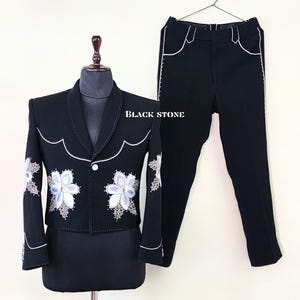 Men Black 2Pc Customized Vintage Floral Flowers Embroidered With Rhinestones & Piping Country Western Suit Cowboy Wedding Prom Party Suit