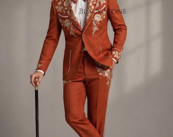 Heren 2-delige roestoranje op maat gemaakte bloemen geborduurde country western vintage stijl cowboy nudie pak Nashville bruidegom bruiloft evenement outfit