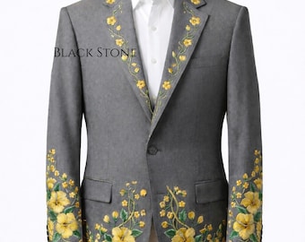 Men 2Pc Grey Custom Made Floral Flower Embroidered Western Boho Cowboy Couture Nudie Suit Groom Wedding Country Singer Music Concert Outfit
