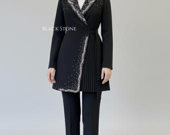 Completo da donna in due pezzi, blazer avvolgente nero, personalizzato, stile vintage, con perline ricamate a mano, stile western, abito da festa, concerto e matrimonio
