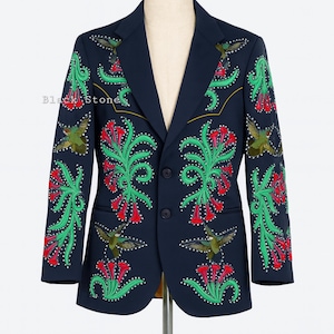 Men Blue 2Pc Customized Designer Flower Leaf’s Embroidered Rhinestones Country Western Nudie Suit Cocktail Party Wedding Day Groom Outfit