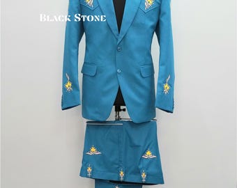 Traje de 2 piezas para hombre, a medida, amarillo, con flores bordadas y diamantes de imitación, estilo country western, estilo retro, vintage, vaquero, para cóctel o boda.