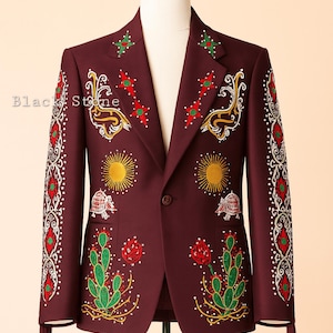 Men 2Pc Maroon Customized Cactus Sun Embroidered With Rhinestones Vintage Country Western Nudie Suit Wedding Day Cowboy Dinner Party Outfit