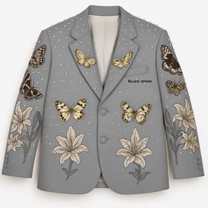 Men Grey 2Pc Bespoke Butterfly Flower Embroidered With Pearls Rhinestone Vintage Country Western Nudie Suit Cowboy Groom Wedding Prom Attire