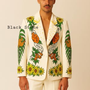 Men Off White 2Pc Customized Leaf’s & Flower Embroidered With Pearls Country Western Nudie Suit Vintage Cocktail Party Wedding Groom Outfit