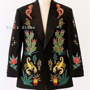 Men Black 2Pc Customized Cactus Scorpion Embroidered With Rhinestones Country Western Nudie Suit Wedding & Prom Day Cowboy Dinner Party Suit