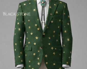 Men 2Pc Emerald Green Customised Country Western Star Embroidered Vintage Style Cowboy Nudie Prom Suit Unique Groom Wedding Party Outfit